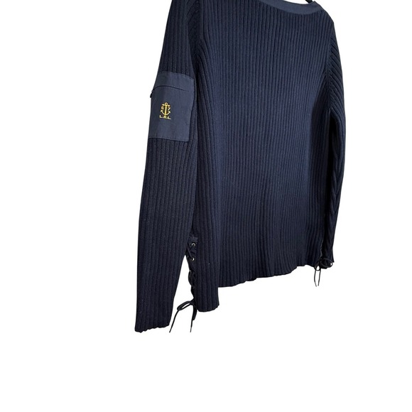 Lauren Ralph Lauren Navy Ribbed Boat Neck Sweater Anchor, Side Ties, Size 1X - Picture 6 of 9